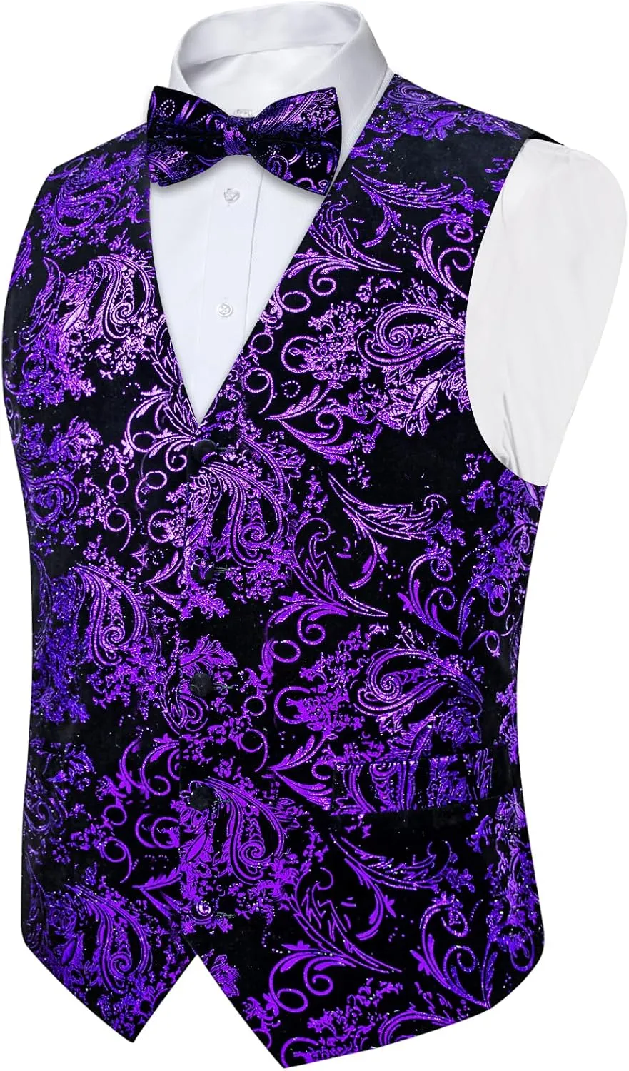DiBanGu Mens Velvet Dress Waistcoat 6PCS Metallic Paisley Printed Suit Vest and Bowtie Set with Lapel Pin for Suit or Tuxedo