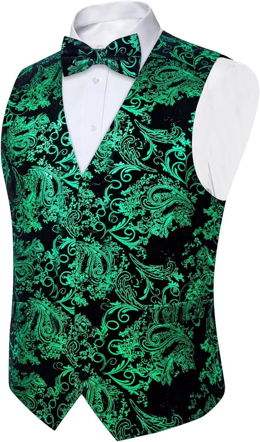 DiBanGu Mens Velvet Dress Waistcoat 6PCS Metallic Paisley Printed Suit Vest and Bowtie Set with Lapel Pin for Suit or Tuxedo