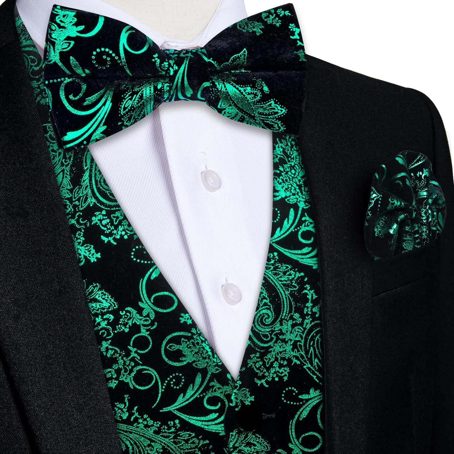 DiBanGu Mens Velvet Dress Waistcoat 6PCS Metallic Paisley Printed Suit Vest and Bowtie Set with Lapel Pin for Suit or Tuxedo