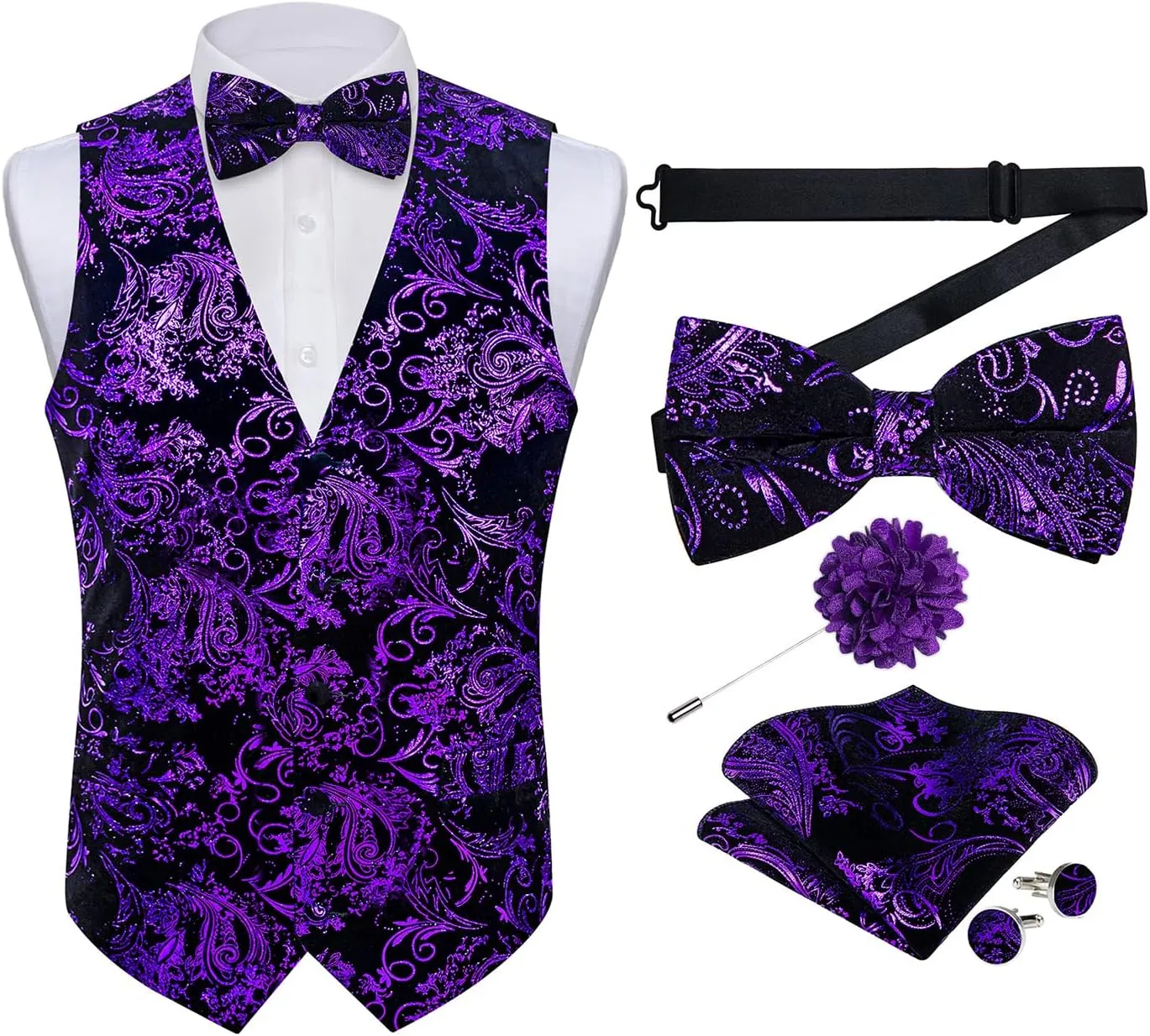 DiBanGu Mens Velvet Dress Waistcoat 6PCS Metallic Paisley Printed Suit Vest and Bowtie Set with Lapel Pin for Suit or Tuxedo