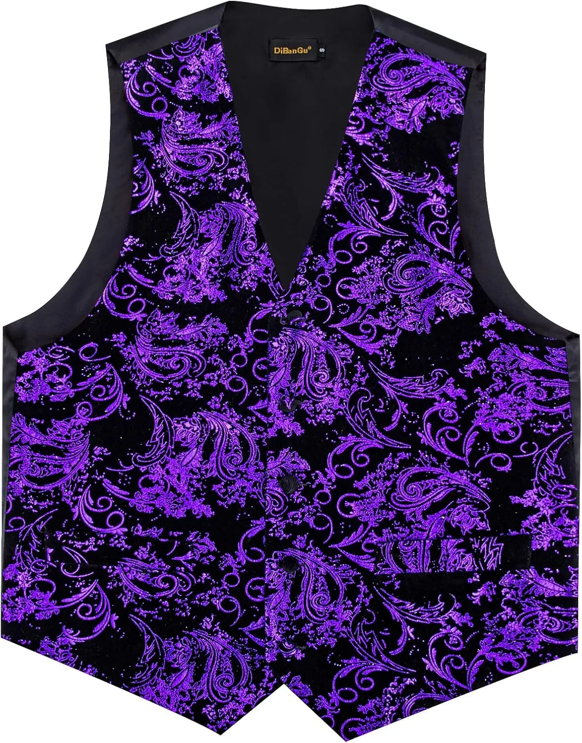 DiBanGu Mens Velvet Dress Waistcoat 6PCS Metallic Paisley Printed Suit Vest and Bowtie Set with Lapel Pin for Suit or Tuxedo