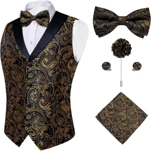 DiBanGu Mens Vest and Bowtie Set Silk Paisley Waistcoat and Bowtie Pocket Square Cufflinks with Lapel Pin for Wedding Party