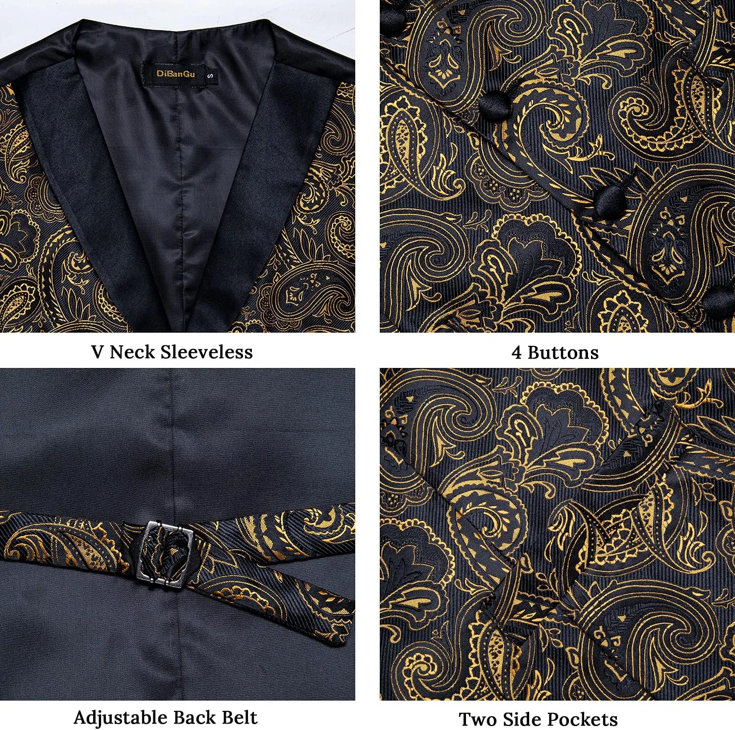 DiBanGu Mens Vest and Bowtie Set Silk Paisley Waistcoat and Bowtie Pocket Square Cufflinks with Lapel Pin for Wedding Party