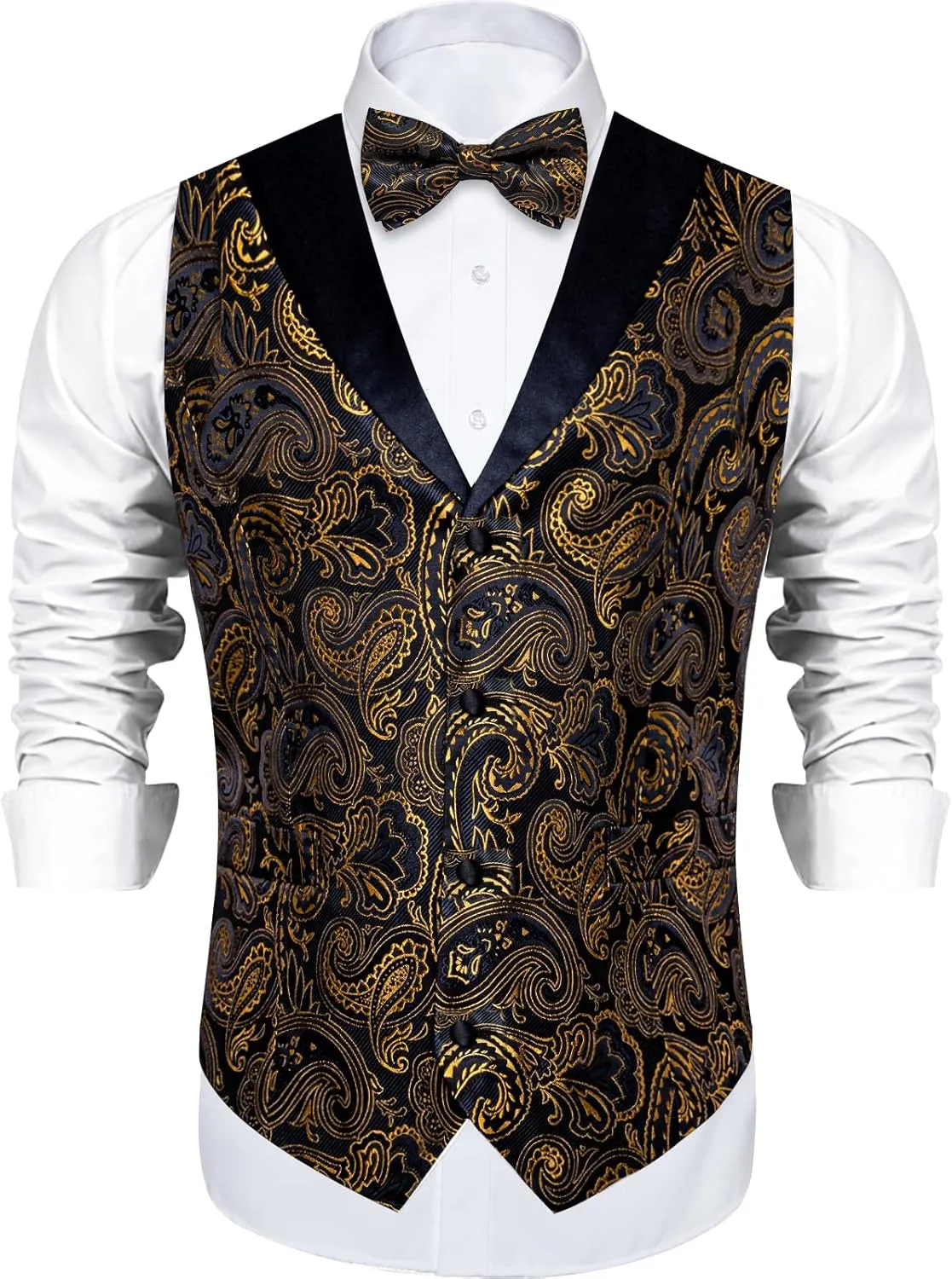 DiBanGu Mens Vest and Bowtie Set Silk Paisley Waistcoat and Bowtie Pocket Square Cufflinks with Lapel Pin for Wedding Party