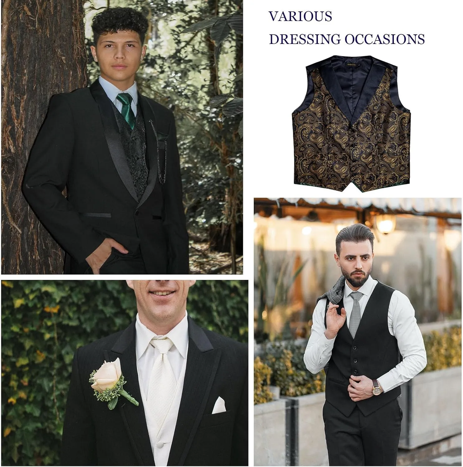 DiBanGu Mens Vest and Bowtie Set Silk Paisley Waistcoat and Bowtie Pocket Square Cufflinks with Lapel Pin for Wedding Party