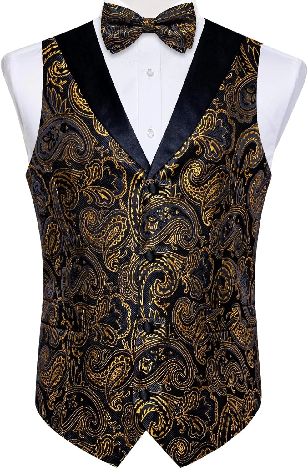 DiBanGu Mens Vest and Bowtie Set Silk Paisley Waistcoat and Bowtie Pocket Square Cufflinks with Lapel Pin for Wedding Party