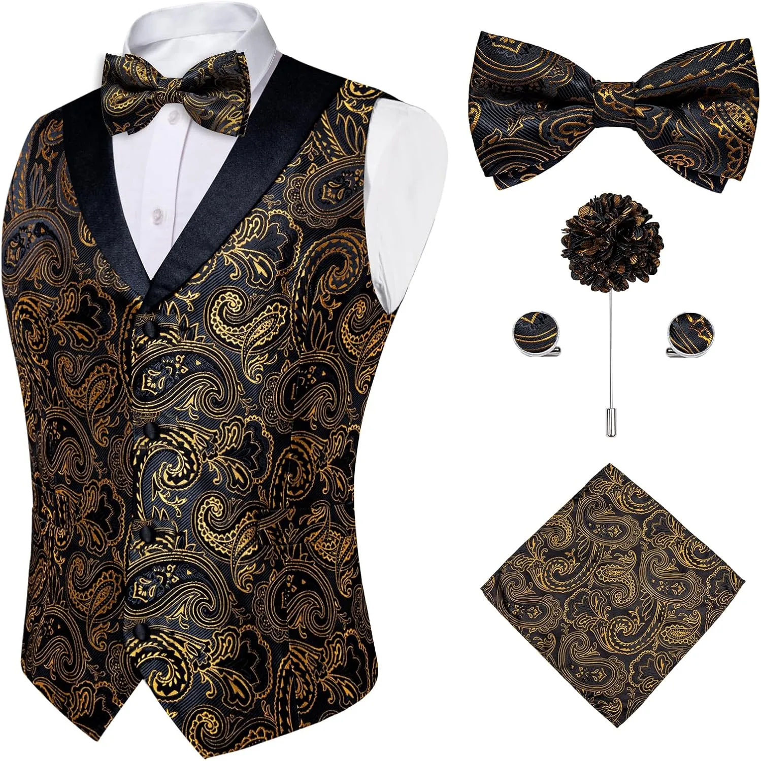 DiBanGu Mens Vest and Bowtie Set Silk Paisley Waistcoat and Bowtie Pocket Square Cufflinks with Lapel Pin for Wedding Party