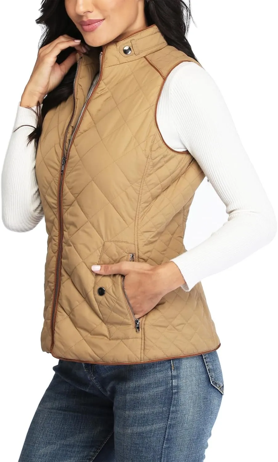 Dilgul Women Padded Vest Stand Collar Zip Up Trendy Puffer Lightweight Quilted Vest