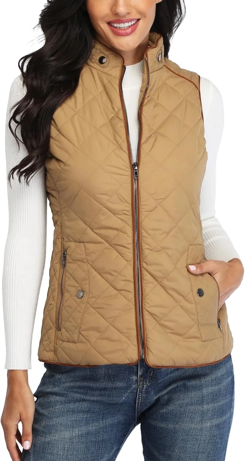 Dilgul Women Padded Vest Stand Collar Zip Up Trendy Puffer Lightweight Quilted Vest