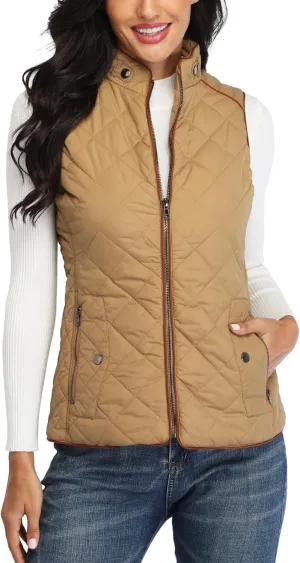 Dilgul Women Padded Vest Stand Collar Zip Up Trendy Puffer Lightweight Quilted Vest