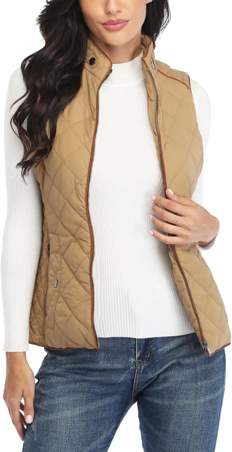 Dilgul Women Padded Vest Stand Collar Zip Up Trendy Puffer Lightweight Quilted Vest