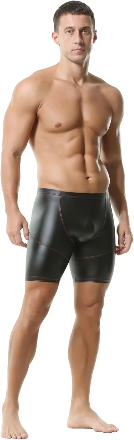 DTODWW Men's Faux Leather Boxer Shorts Wrestling Pants Elastic Tight Hot Shorts for Clubwear