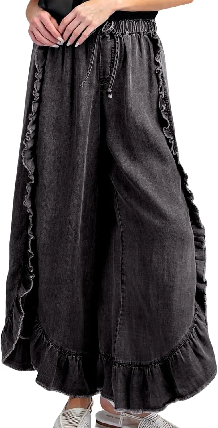 ebossy Womens Ruffle Wide Leg Denim Pants Elastic High Waisted Palazzo Pants Boho Flowy Jeans Culottes