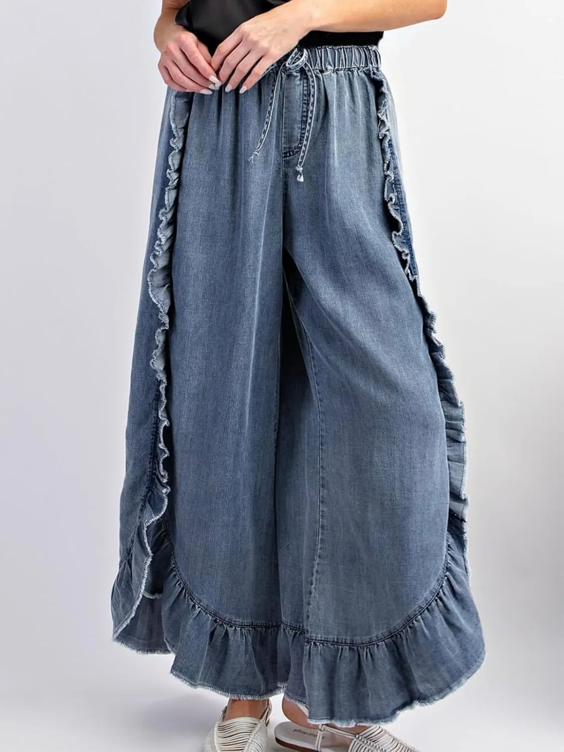 ebossy Womens Ruffle Wide Leg Denim Pants Elastic High Waisted Palazzo Pants Boho Flowy Jeans Culottes