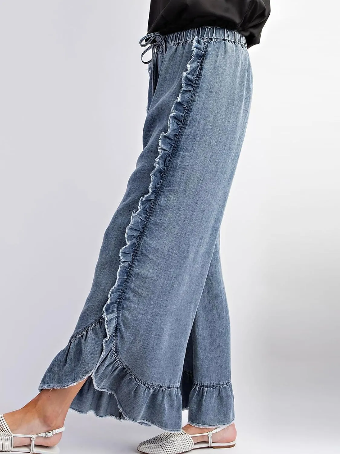 ebossy Womens Ruffle Wide Leg Denim Pants Elastic High Waisted Palazzo Pants Boho Flowy Jeans Culottes