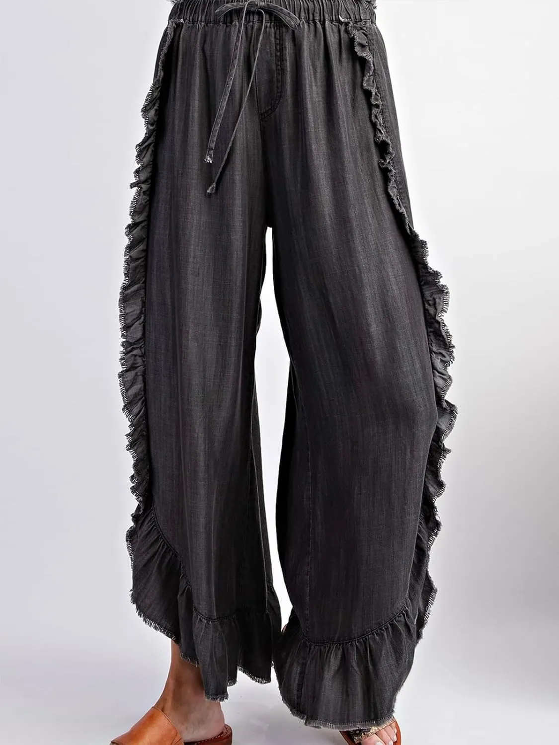 ebossy Womens Ruffle Wide Leg Denim Pants Elastic High Waisted Palazzo Pants Boho Flowy Jeans Culottes