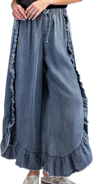 ebossy Womens Ruffle Wide Leg Denim Pants Elastic High Waisted Palazzo Pants Boho Flowy Jeans Culottes