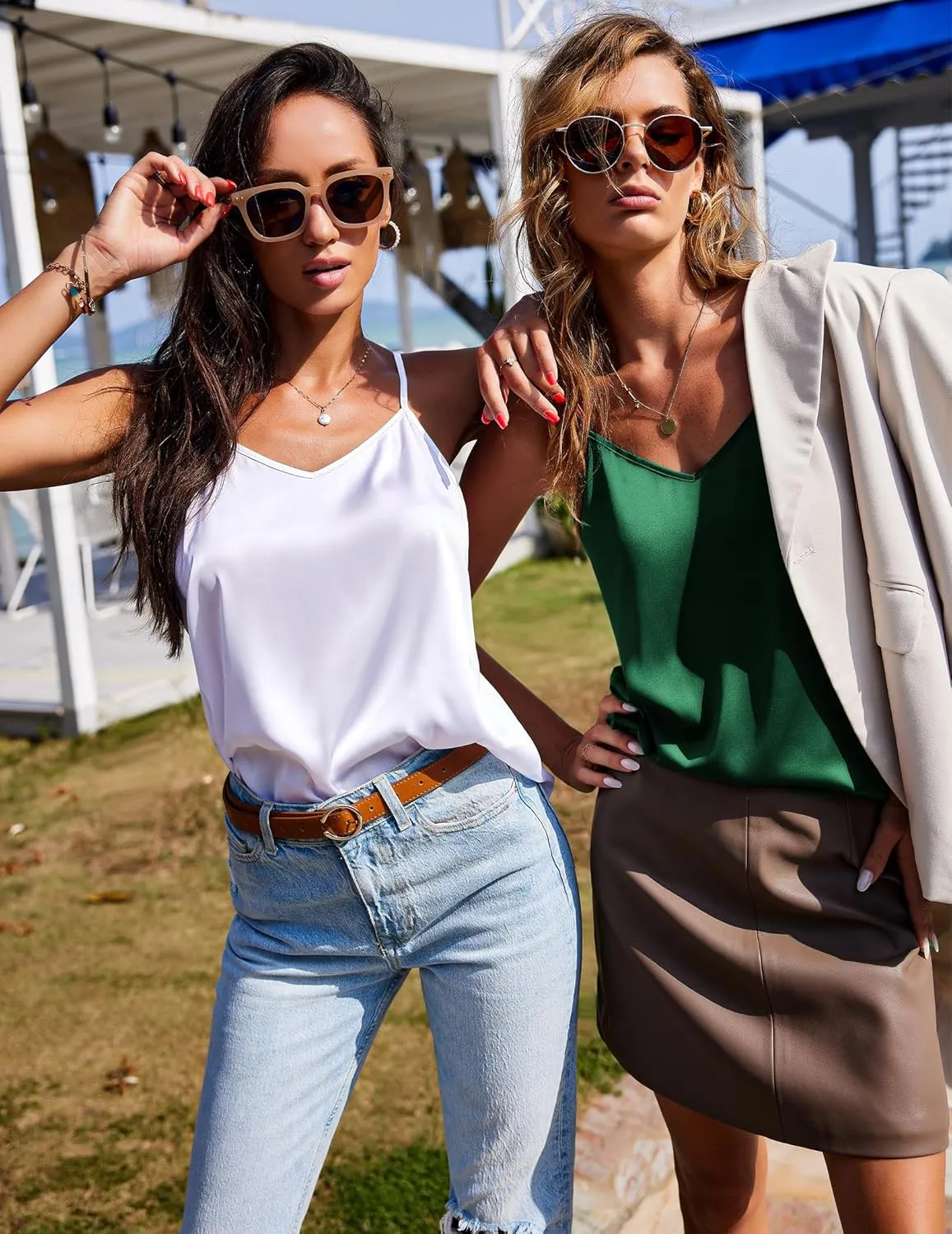 Ekouaer 3 Pack: Womens Silk Satin Tank Top V Neck Camisole Cami Spaghetti Strap Top Loose Sleeveless Blouses Tank Shirt