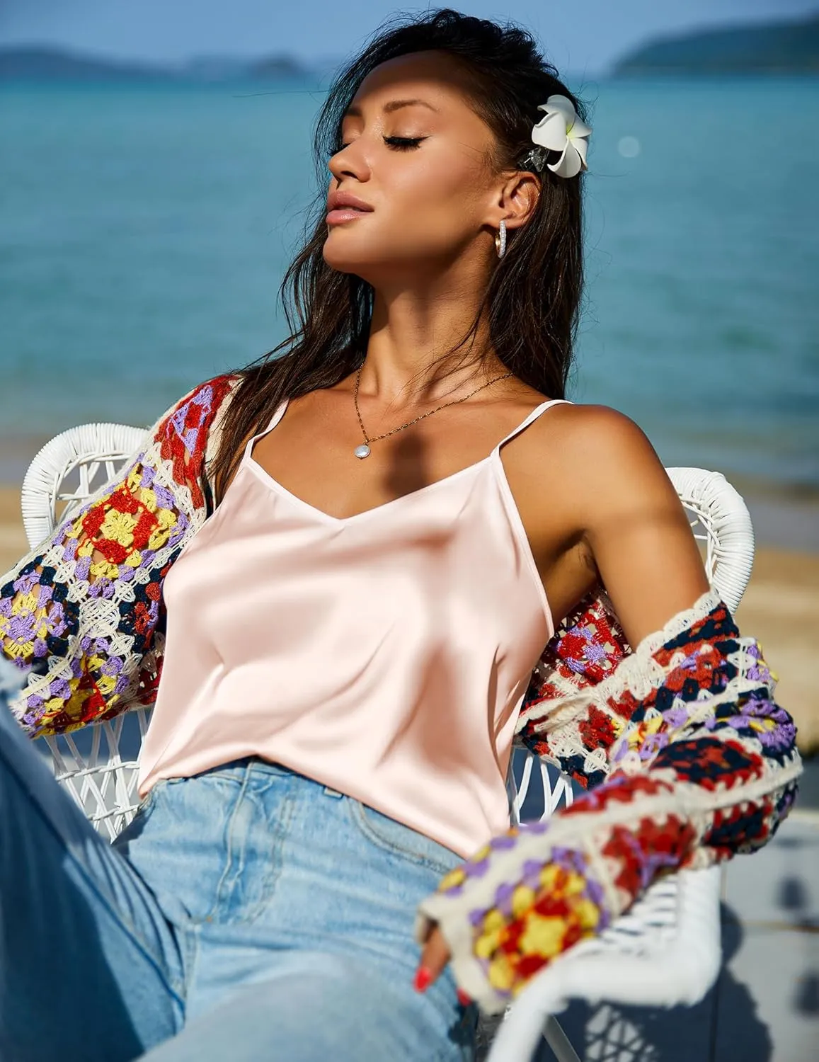Ekouaer 3 Pack: Womens Silk Satin Tank Top V Neck Camisole Cami Spaghetti Strap Top Loose Sleeveless Blouses Tank Shirt