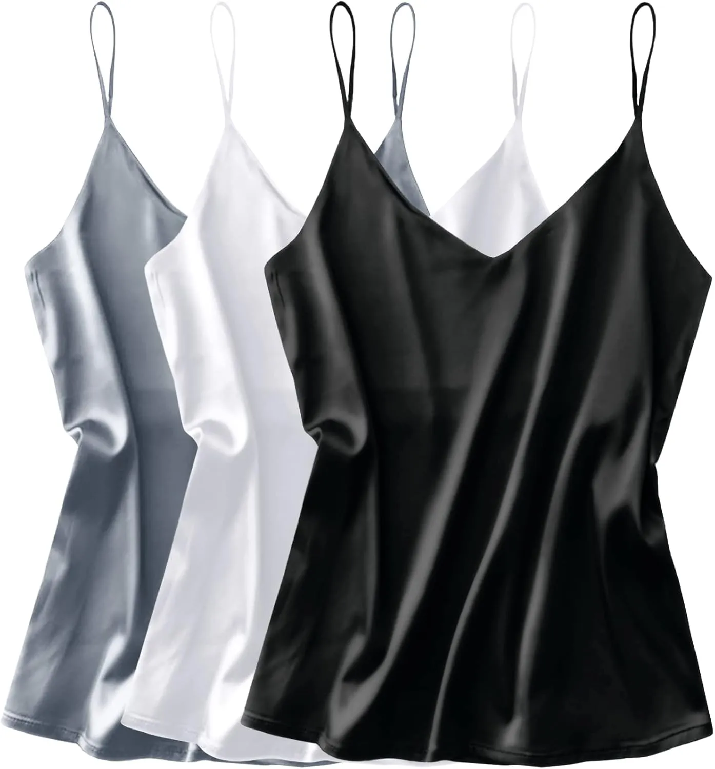 Ekouaer 3 Pack: Womens Silk Satin Tank Top V Neck Camisole Cami Spaghetti Strap Top Loose Sleeveless Blouses Tank Shirt