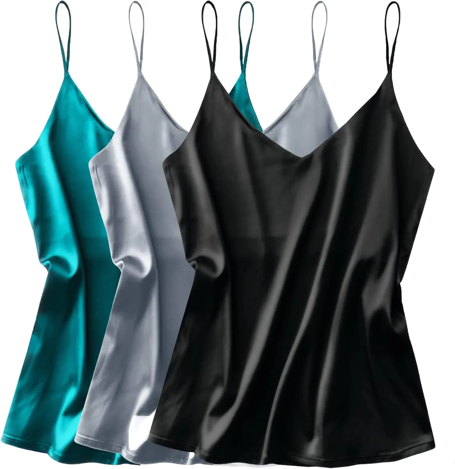 Ekouaer 3 Pack: Womens Silk Satin Tank Top V Neck Camisole Cami Spaghetti Strap Top Loose Sleeveless Blouses Tank Shirt