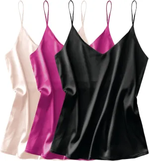 Ekouaer 3 Pack: Womens Silk Satin Tank Top V Neck Camisole Cami Spaghetti Strap Top Loose Sleeveless Blouses Tank Shirt