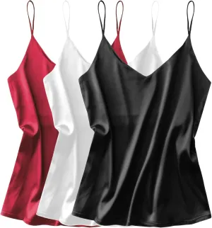 Ekouaer 3 Pack: Womens Silk Satin Tank Top V Neck Camisole Cami Spaghetti Strap Top Loose Sleeveless Blouses Tank Shirt
