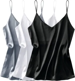 Ekouaer 3 Pack: Womens Silk Satin Tank Top V Neck Camisole Cami Spaghetti Strap Top Loose Sleeveless Blouses Tank Shirt