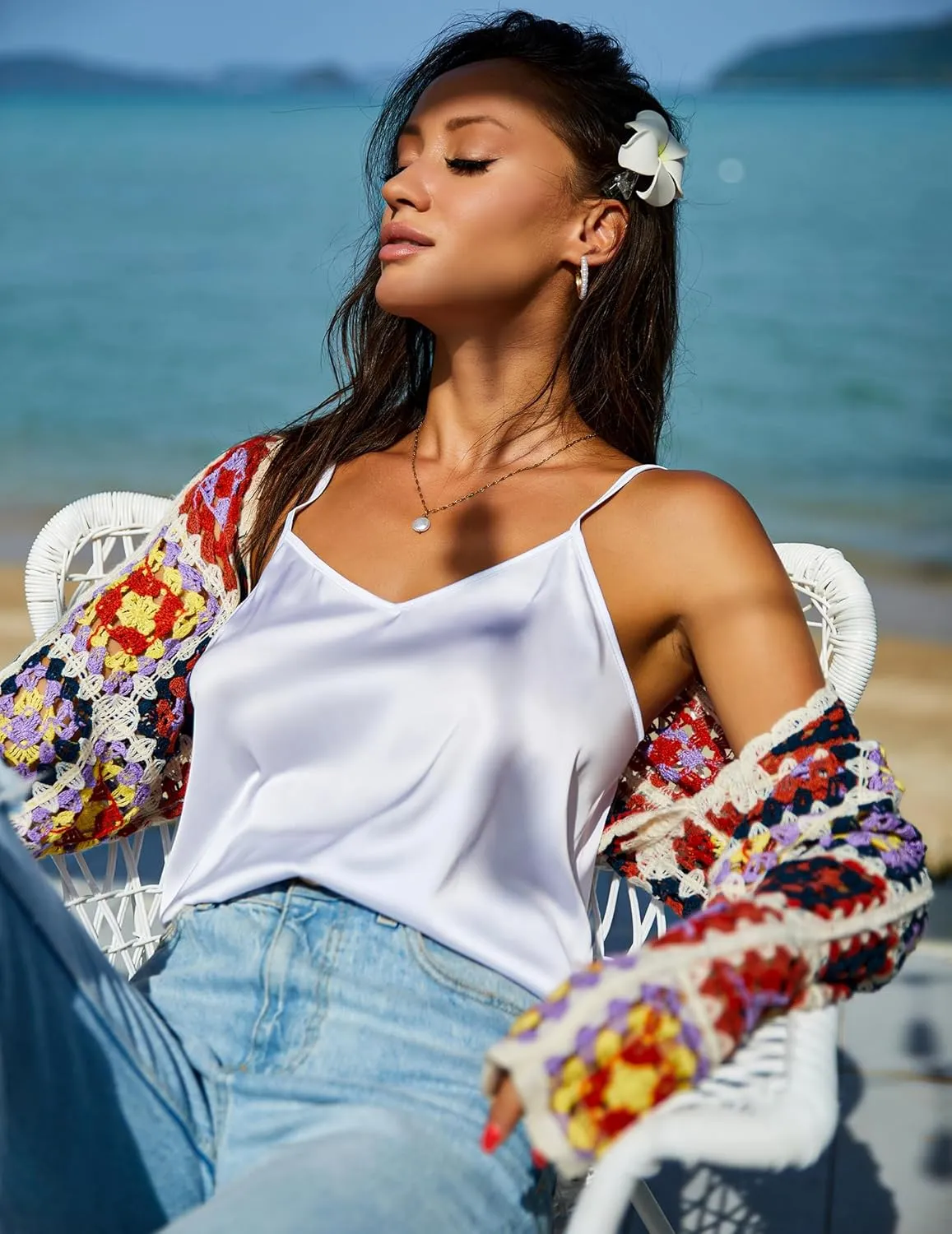 Ekouaer 3 Pack: Womens Silk Satin Tank Top V Neck Camisole Cami Spaghetti Strap Top Loose Sleeveless Blouses Tank Shirt