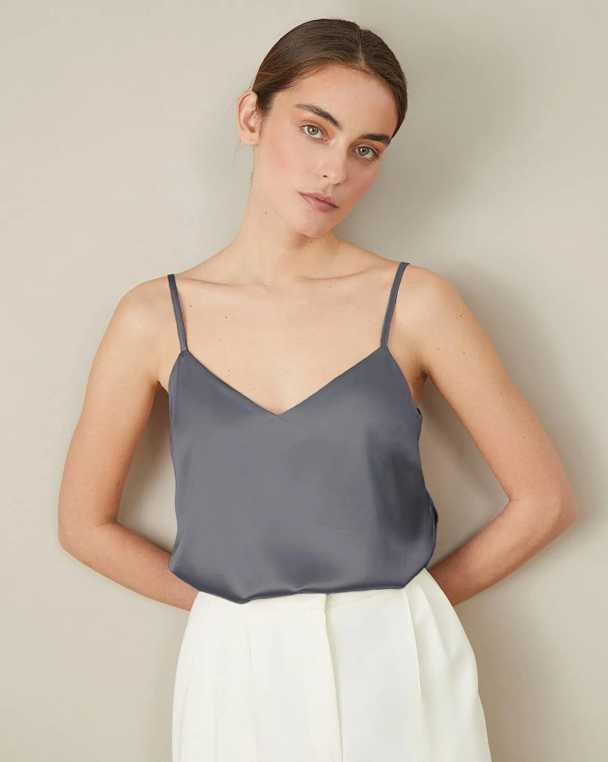 Ekouaer 3 Pack: Womens Silk Satin Tank Top V Neck Camisole Cami Spaghetti Strap Top Loose Sleeveless Blouses Tank Shirt