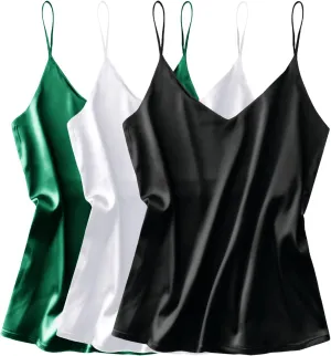 Ekouaer 3 Pack: Womens Silk Satin Tank Top V Neck Camisole Cami Spaghetti Strap Top Loose Sleeveless Blouses Tank Shirt