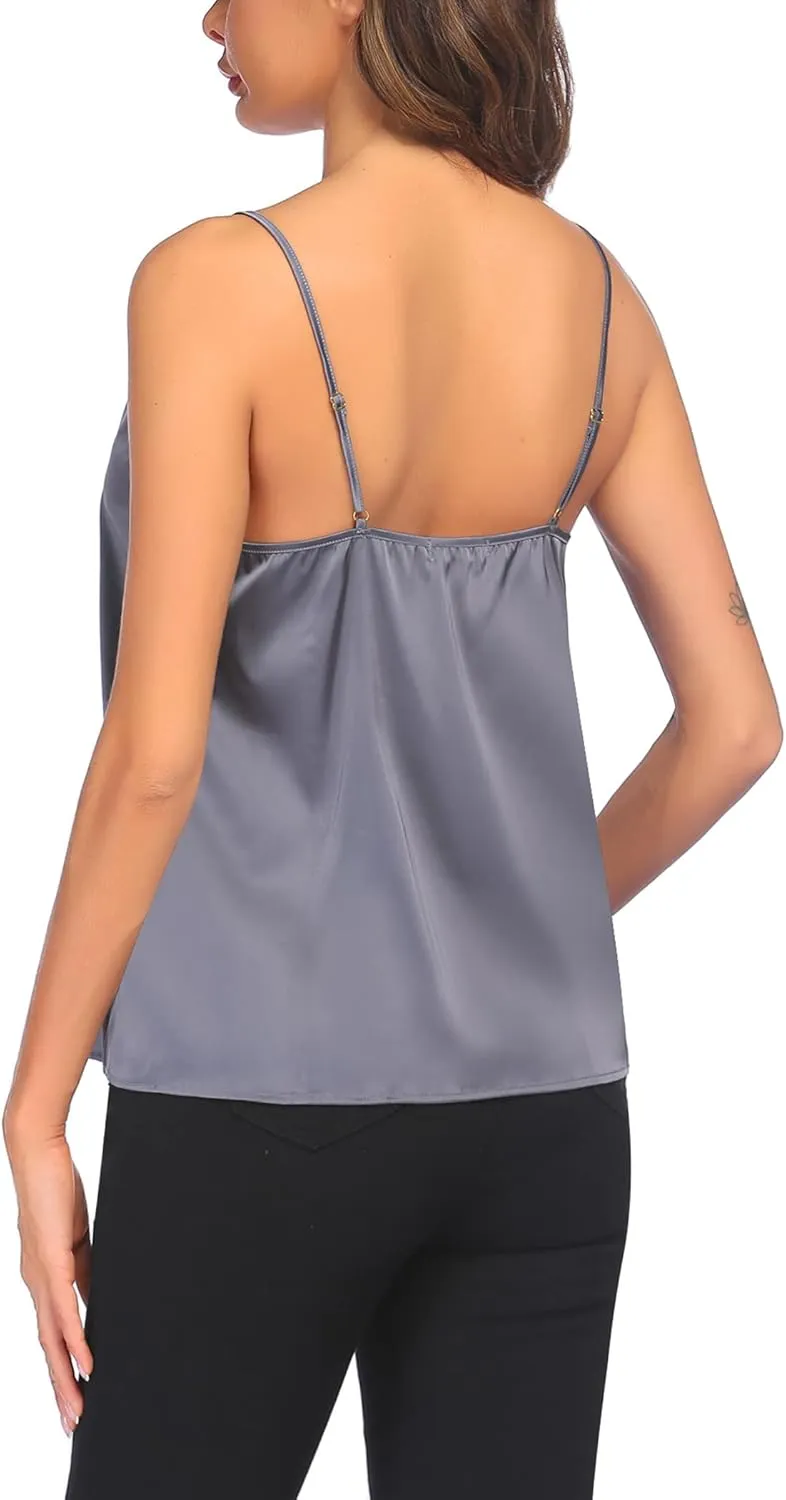 Ekouaer 3 Pack: Womens Silk Satin Tank Top V Neck Camisole Cami Spaghetti Strap Top Loose Sleeveless Blouses Tank Shirt