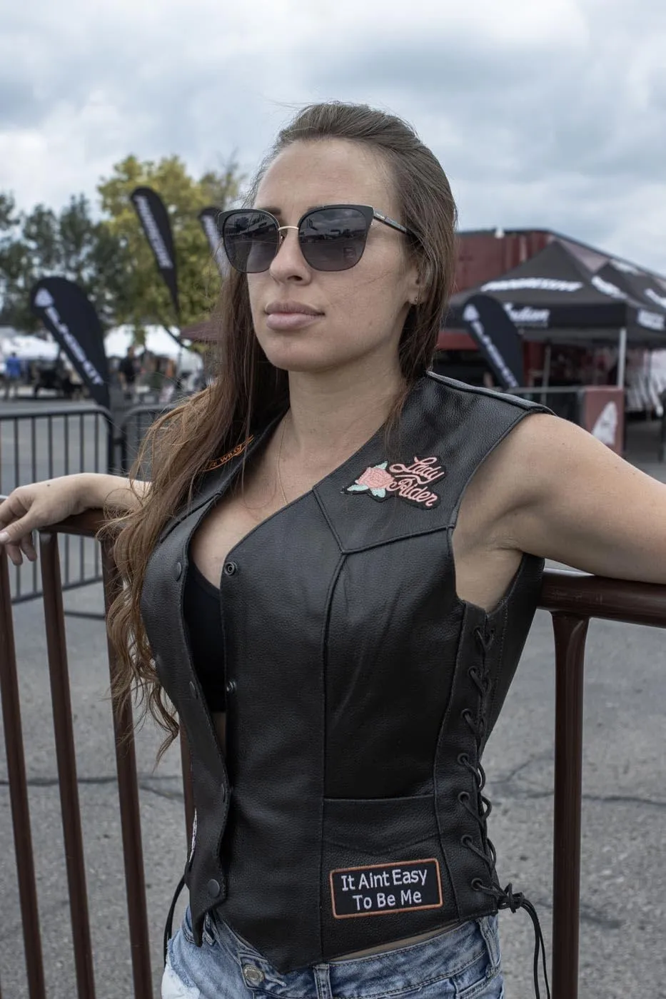 ELL4900 Womens 'Love to Ride' Black Leather Motorcycle Patched Embroidered Vests with Side Laces