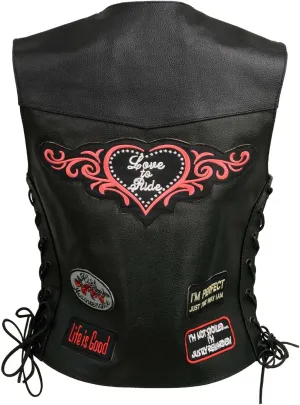 ELL4900 Womens 'Love to Ride' Black Leather Motorcycle Patched Embroidered Vests with Side Laces