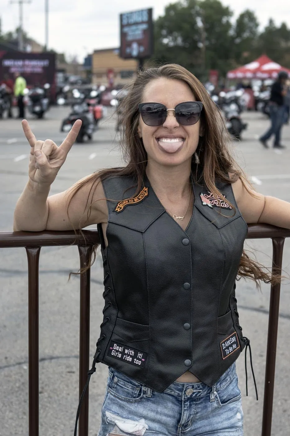 ELL4900 Womens 'Love to Ride' Black Leather Motorcycle Patched Embroidered Vests with Side Laces