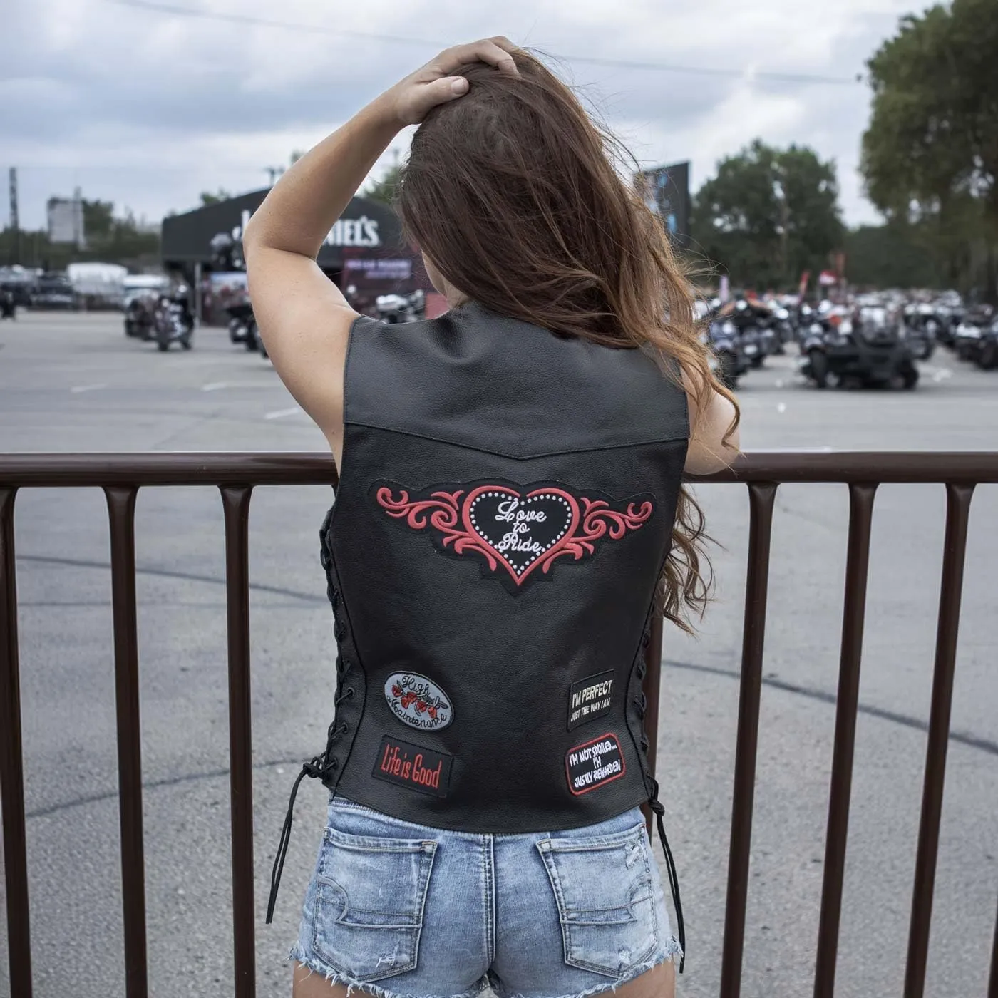 ELL4900 Womens 'Love to Ride' Black Leather Motorcycle Patched Embroidered Vests with Side Laces