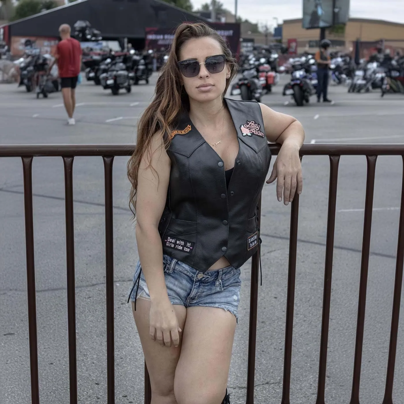 ELL4900 Womens 'Love to Ride' Black Leather Motorcycle Patched Embroidered Vests with Side Laces