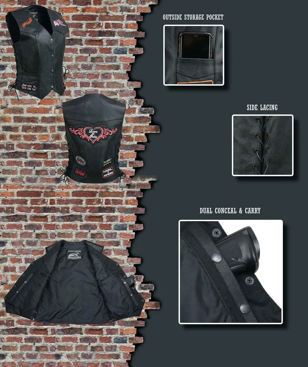 ELL4900 Womens 'Love to Ride' Black Leather Motorcycle Patched Embroidered Vests with Side Laces