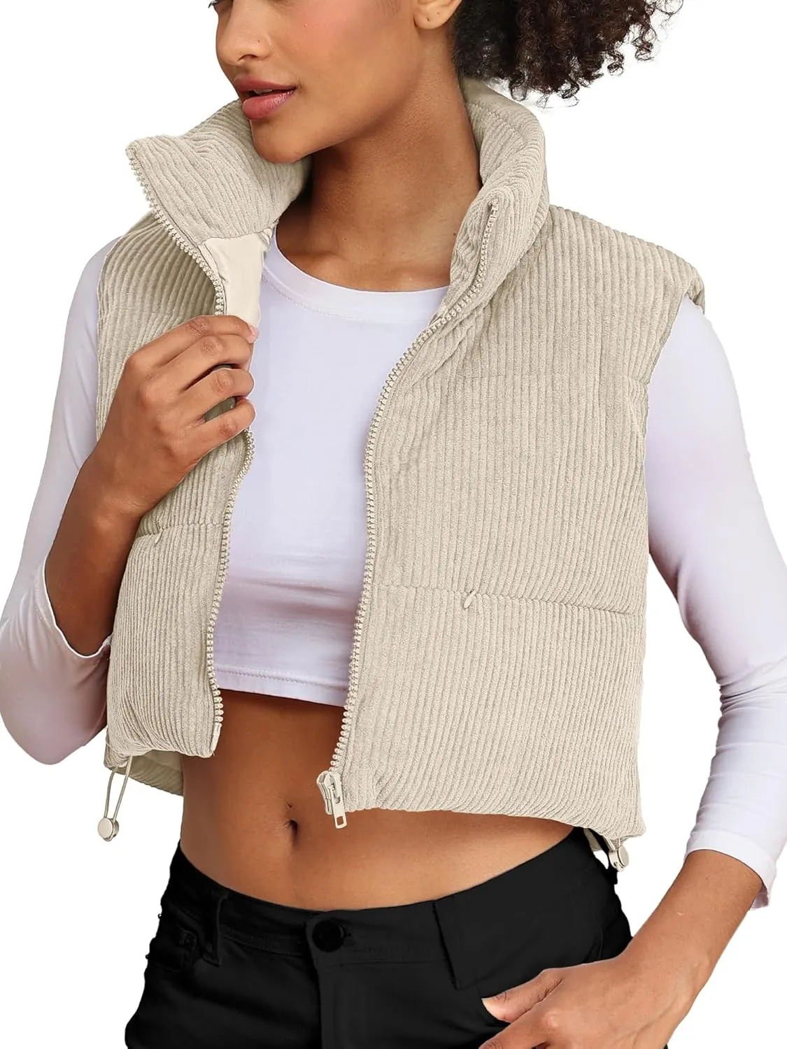 ELLEVEN Women's Corduroy Cropped Puffer Vest with Pockets, High Stand Collar Outerwear Lightweight Warm Sleeveless Jacket