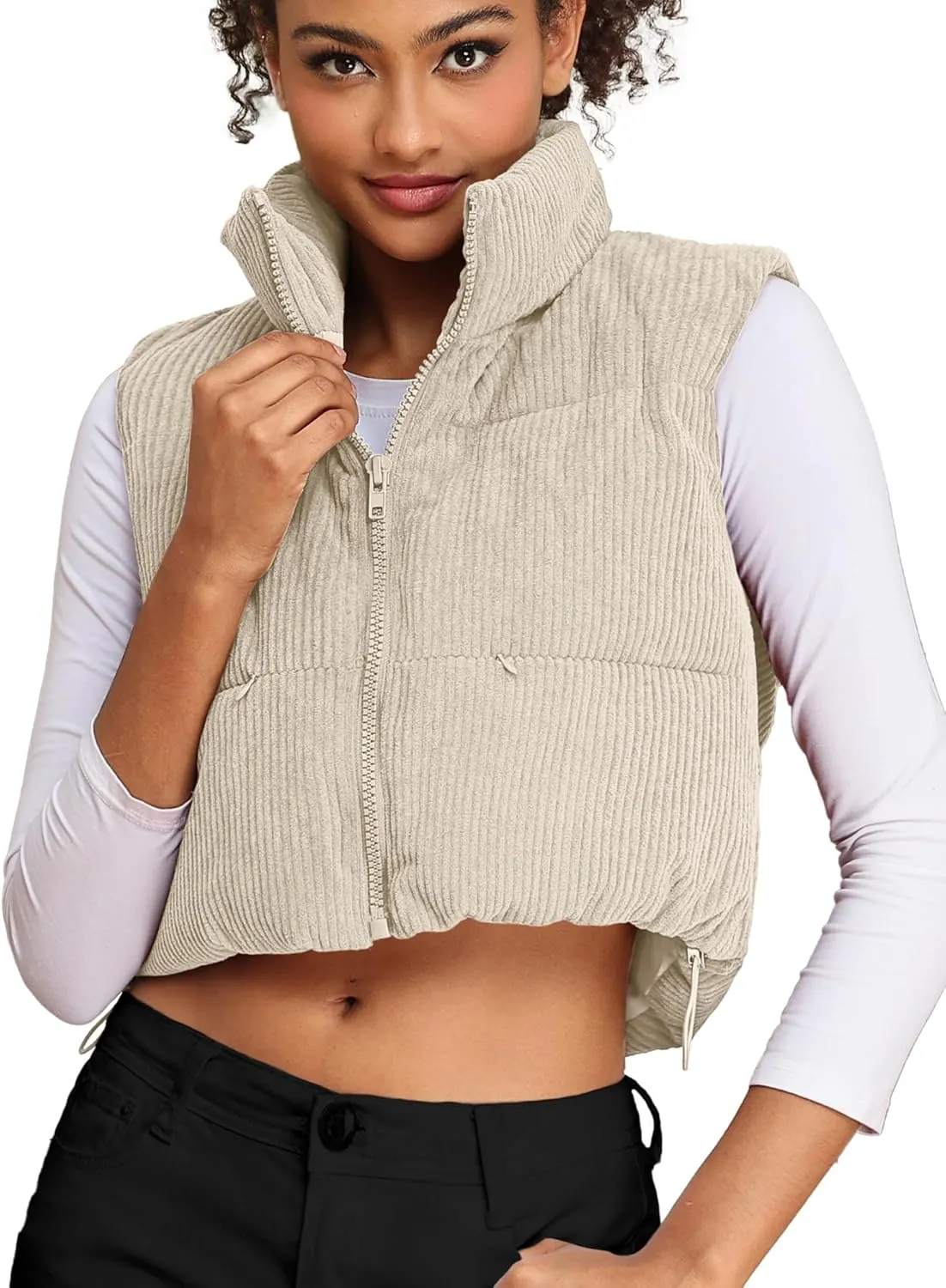ELLEVEN Women's Corduroy Cropped Puffer Vest with Pockets, High Stand Collar Outerwear Lightweight Warm Sleeveless Jacket