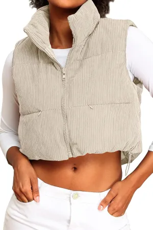 ELLEVEN Women's Corduroy Cropped Puffer Vest with Pockets, High Stand Collar Outerwear Lightweight Warm Sleeveless Jacket
