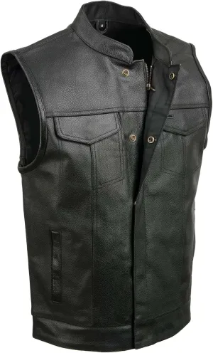 ELM3910 Men's Black Motorcycle Leather Riders Club Style Vest w/Dual Closure