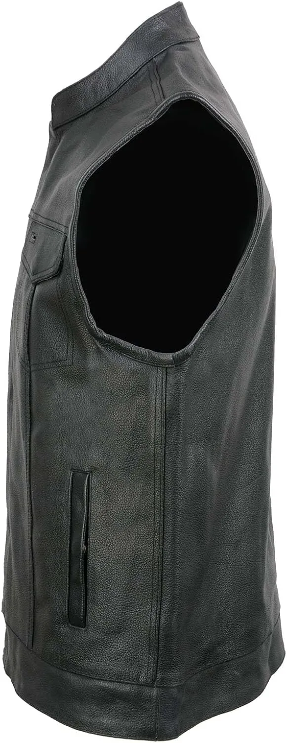 ELM3910 Men's Black Motorcycle Leather Riders Club Style Vest w/Dual Closure