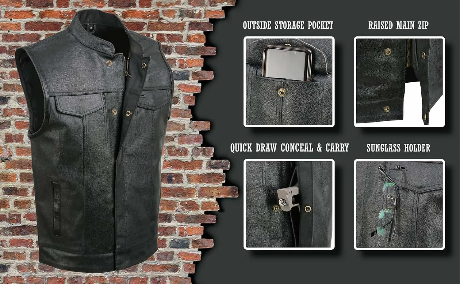 ELM3910 Men's Black Motorcycle Leather Riders Club Style Vest w/Dual Closure