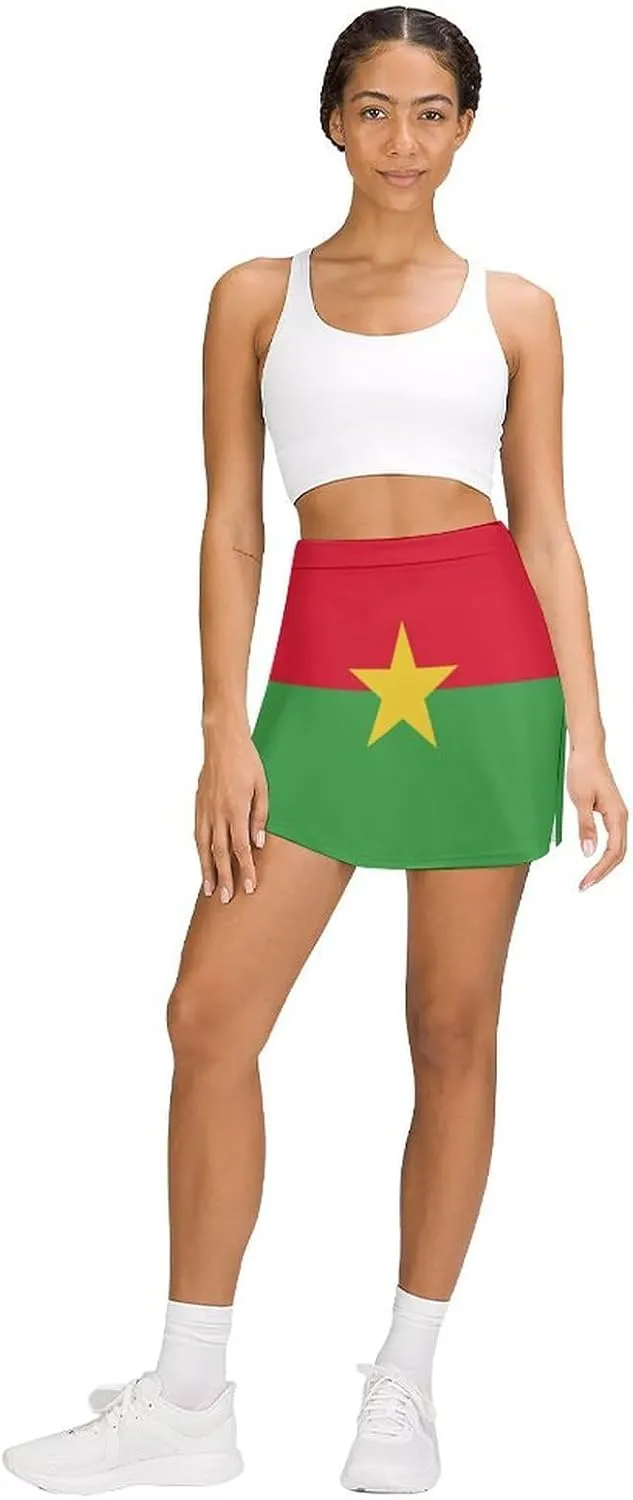 Fattyeery Skirts Casual Golf-Skorts Burkina Faso Flag for Women Knee Length Comfort Skort Women's High Waist Athletic Skirt