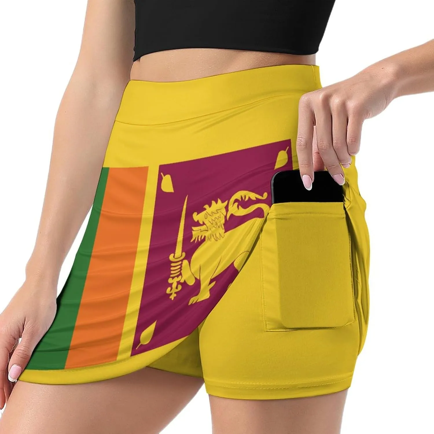 Fattyeery Women's Athletic Skorts Sri Lanka Flag Lightweight Skirts Inner Shorts with Pocket Tennis Workout Sports Skort