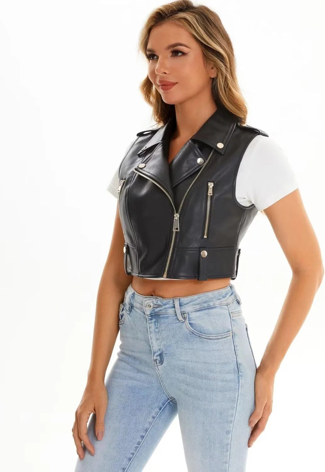 Faux Leather Vest For Women Zipper Cropped Sleeveless Biker Moto Slim PU Motorcycle Waistcoat