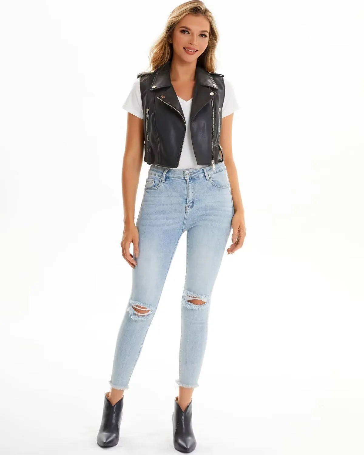 Faux Leather Vest For Women Zipper Cropped Sleeveless Biker Moto Slim PU Motorcycle Waistcoat