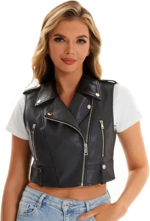Faux Leather Vest For Women Zipper Cropped Sleeveless Biker Moto Slim PU Motorcycle Waistcoat