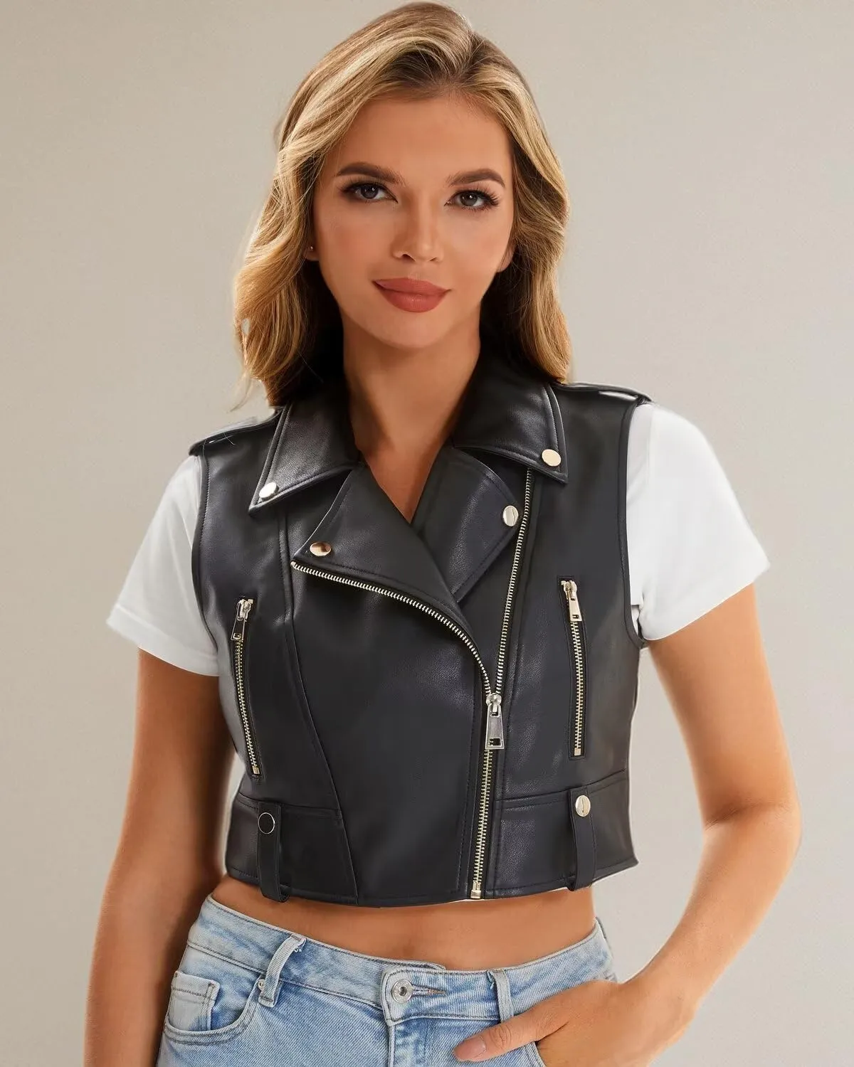 Faux Leather Vest For Women Zipper Cropped Sleeveless Biker Moto Slim PU Motorcycle Waistcoat